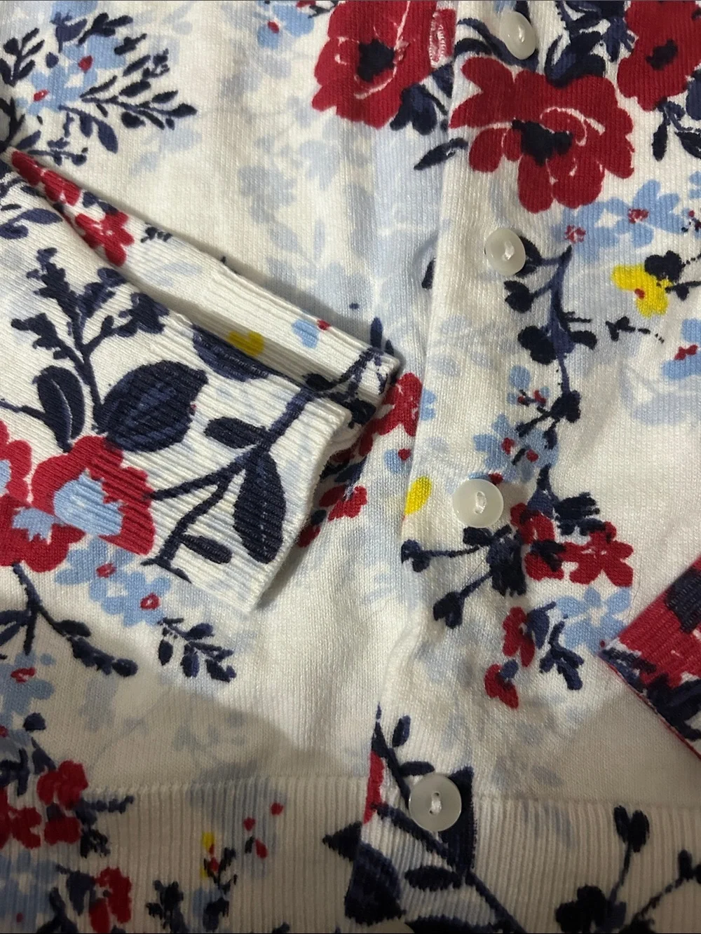 Karen Scott White Floral Cardigan with Red, Navy & Yellow Blooms